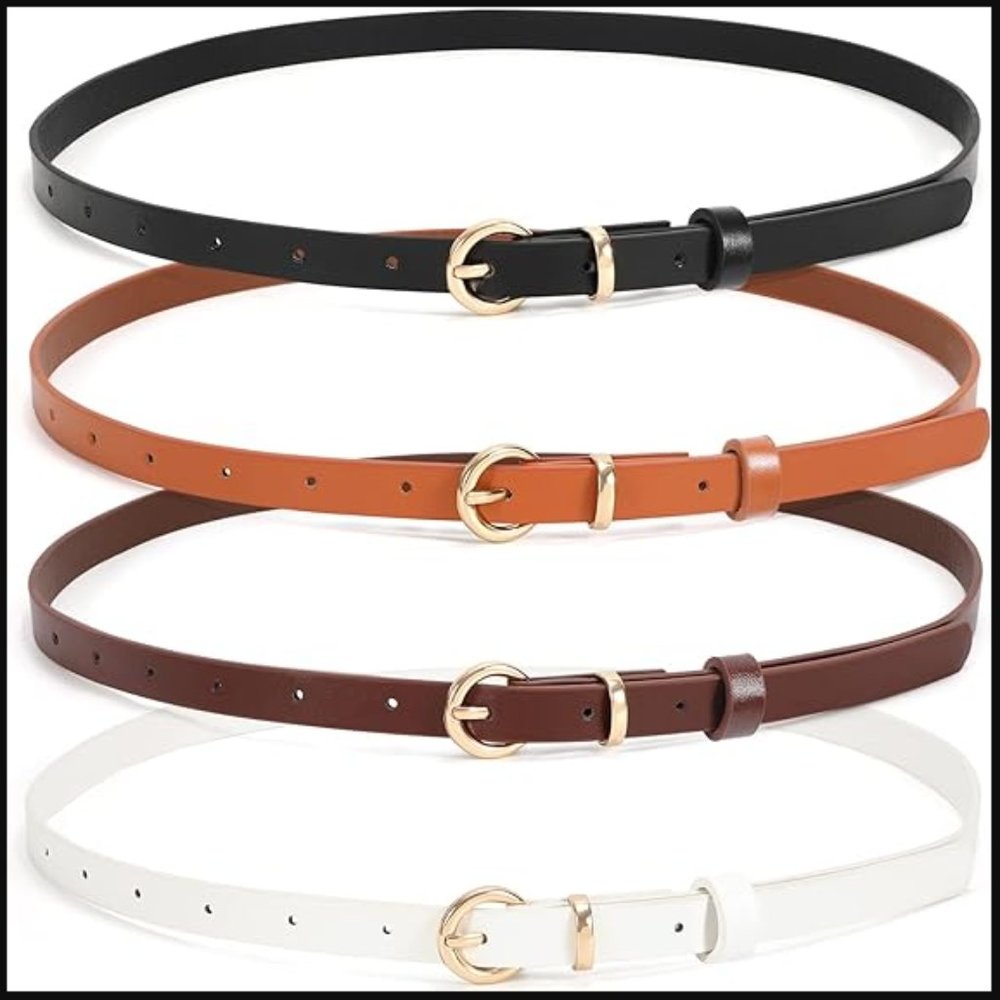 WHIPPY Set of 4 Skinny Leather Belts Women's Size 100cm Brown/Black/White/Coffee